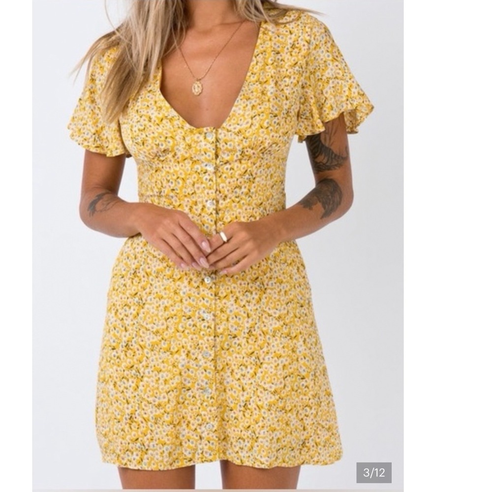 Princess Polly Yellow‎ Floral Daisy Button Down Mini Dress Size US 2